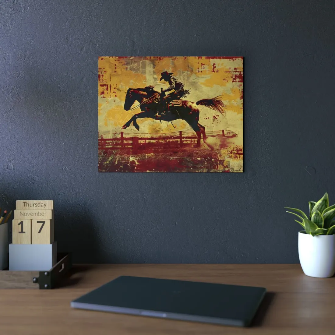 Retro Rodeo Cowboy: Bucking Bronc Action Art - Metal Poster