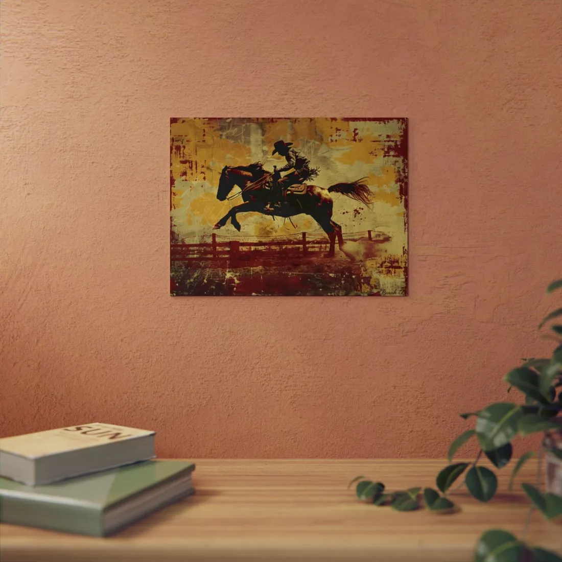 Retro Rodeo Cowboy: Bucking Bronc Action Art - Metal Poster