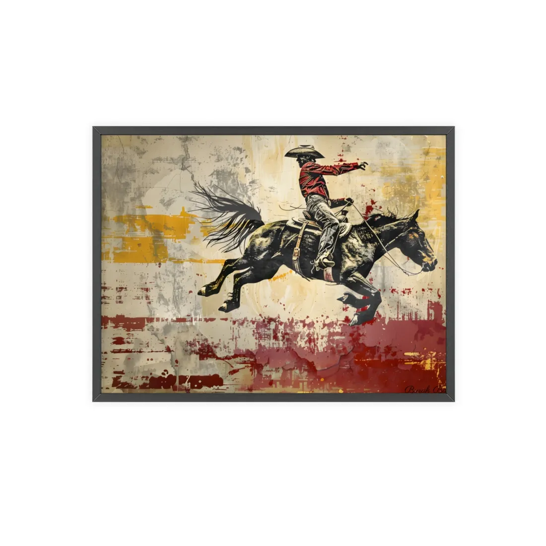 Retro Rodeo Cowboy: Dynamic Bronc Ride - Framed Poster
