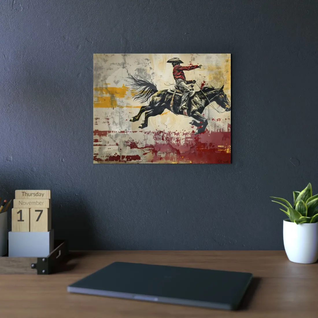 Retro Rodeo Cowboy: Dynamic Bronc Ride - Metal Poster