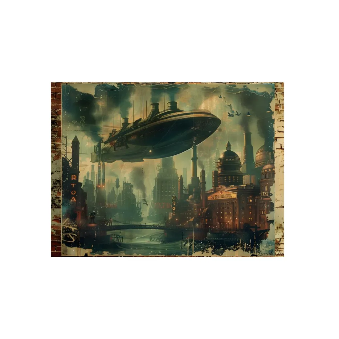 Retro Steampunk Poster: Airship Over Vintage Cityscape - Metal Poster