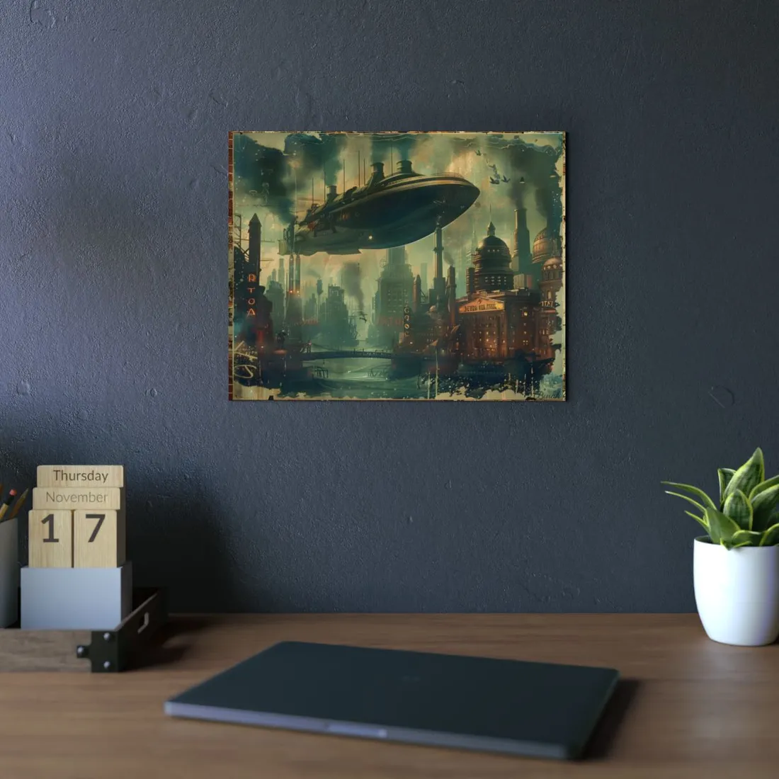 Retro Steampunk Poster: Airship Over Vintage Cityscape - Metal Poster