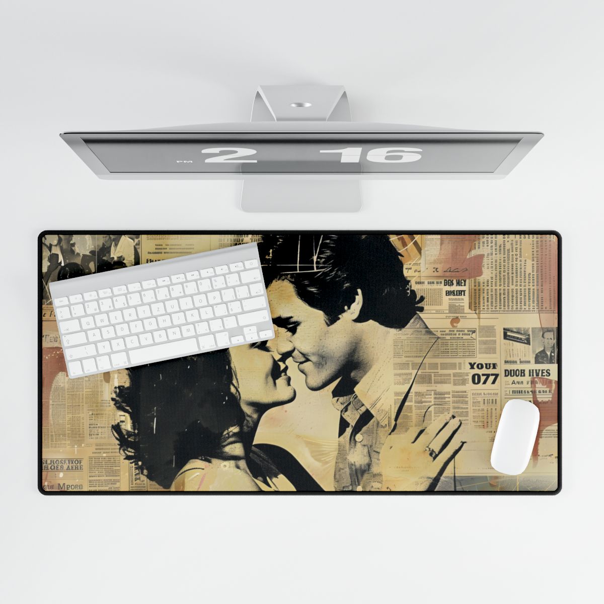 Retro Vintage Romance: Couples Newsprint Artwork - Desk Mat