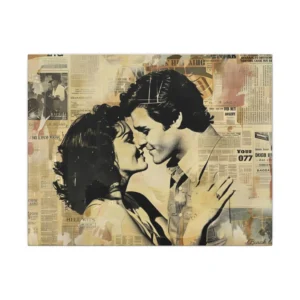 Couple Kissing over Newspaper Collage Canvas Print