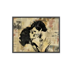 Couple Kissing over Newspaper Collage Framed Poster