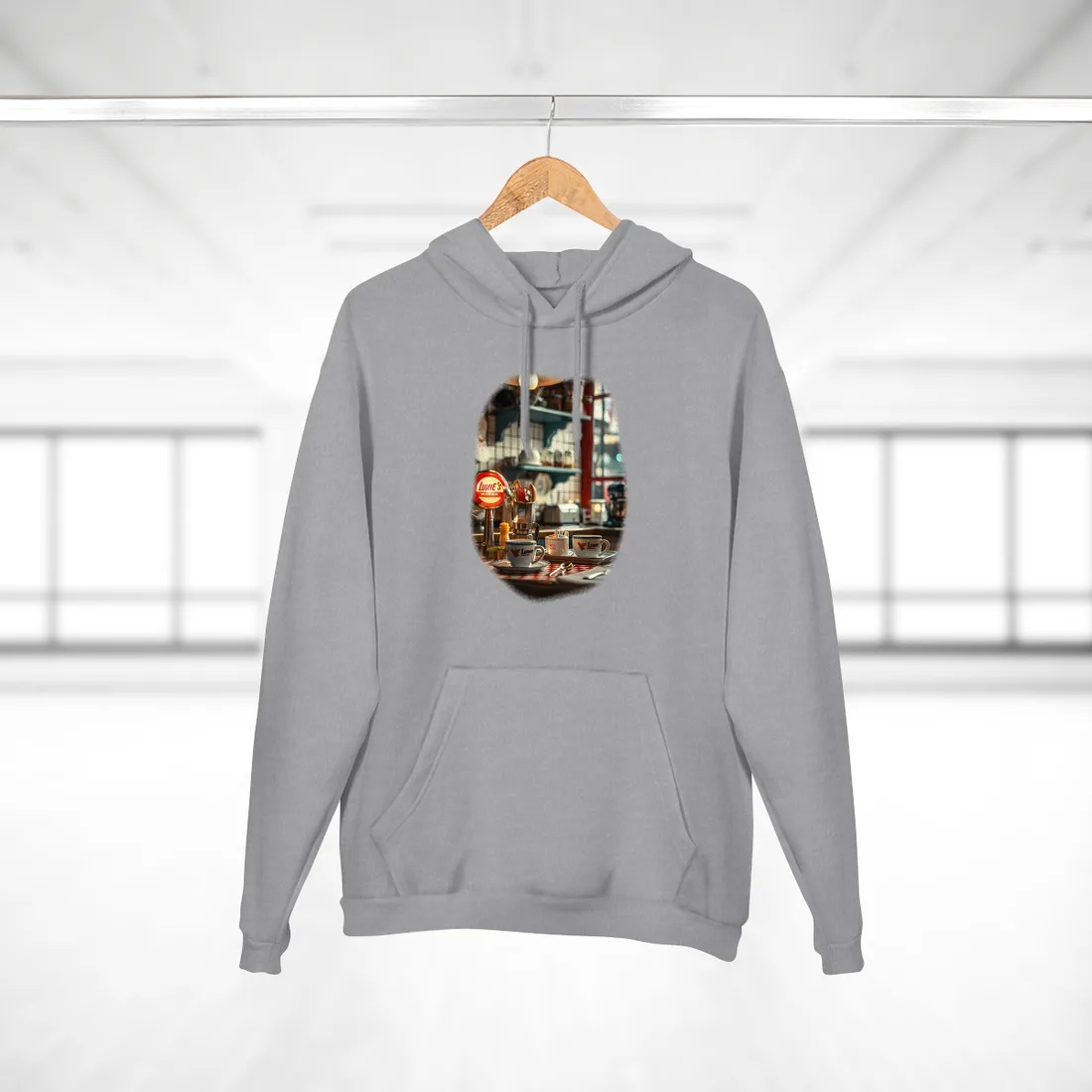 Retro Warmth: Cozy Lukes Diner Coffee Scene Art - Hoodie (Heather Grey)