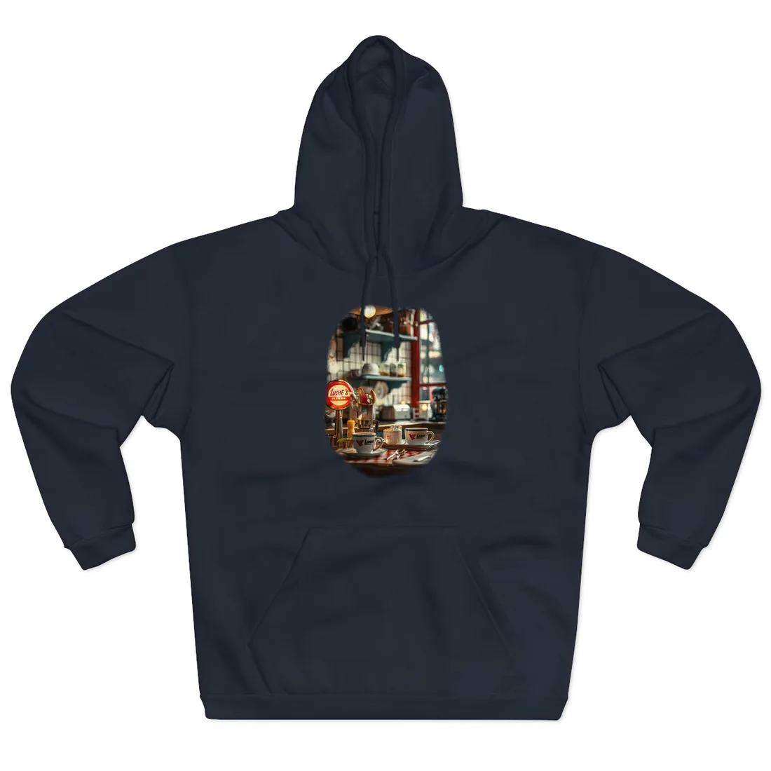 Retro Warmth: Cozy Lukes Diner Coffee Scene Art - Hoodie (Navy)