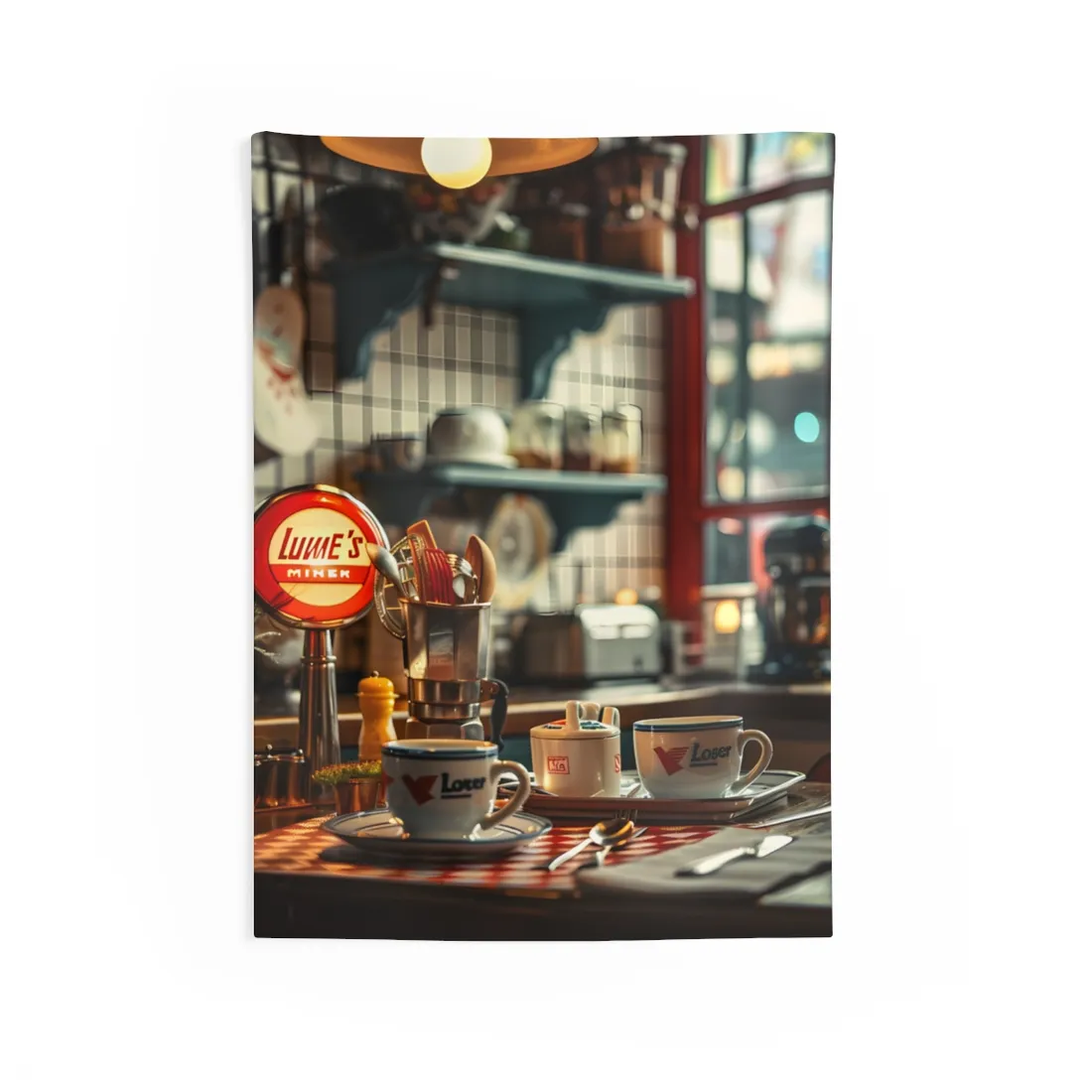 Retro Warmth: Cozy Lukes Diner Coffee Scene Art - Wall Tapestry