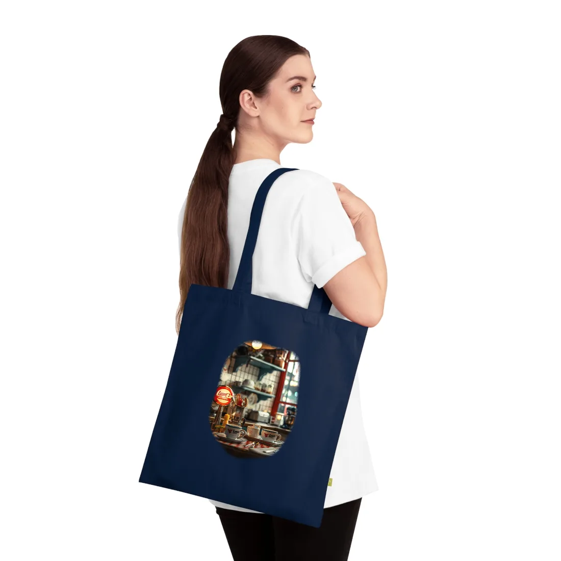 Retro Warmth: Cozy Lukes Diner Coffee Scene Art - Tote Bag (French Navy)