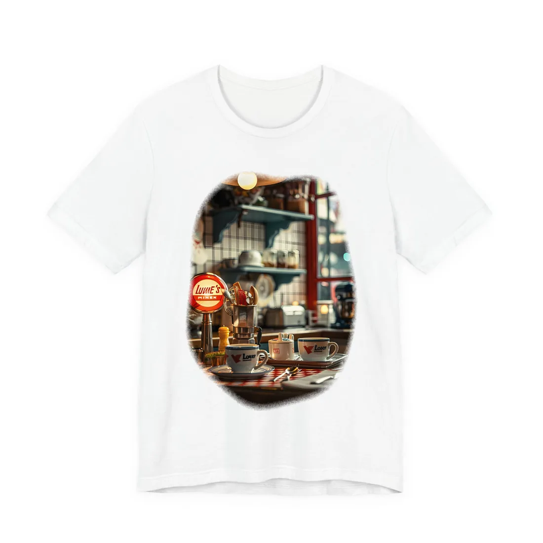 Retro Warmth: Cozy Lukes Diner Coffee Scene Art - T-Shirt (White)