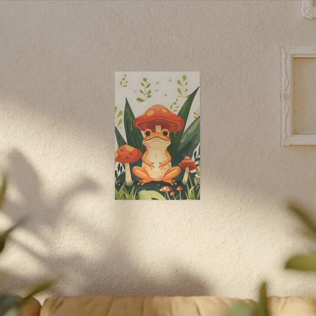 Retro Whimsy: Frog & Mushrooms in Close-Up Charm - Canvas