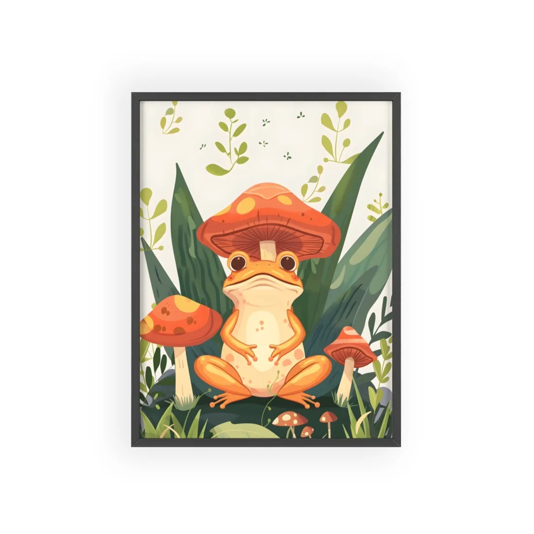 Retro Whimsy: Frog & Mushrooms in Close-Up Charm - Framed Poster
