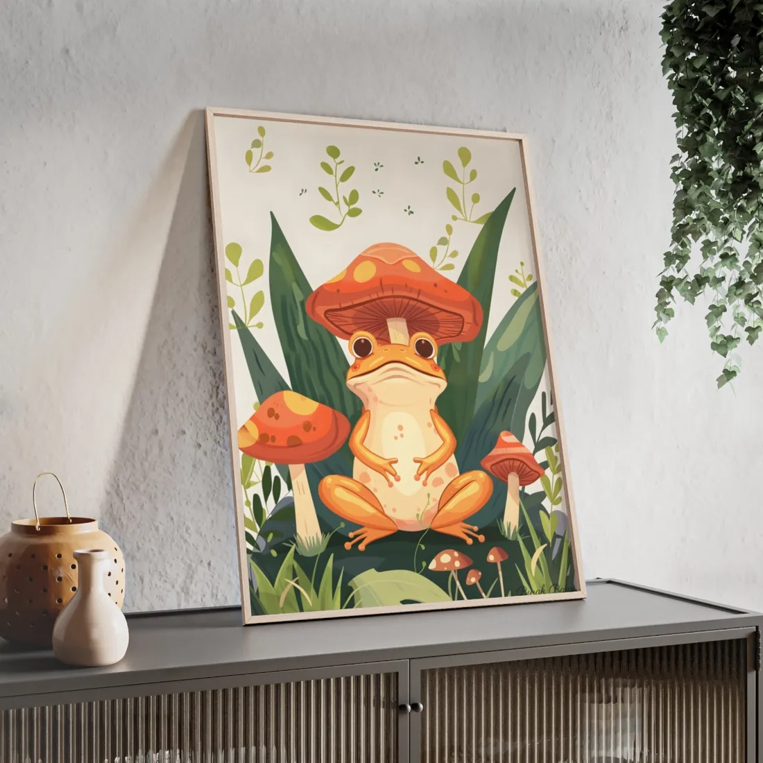 Retro Whimsy: Frog & Mushrooms in Close-Up Charm - Framed Poster