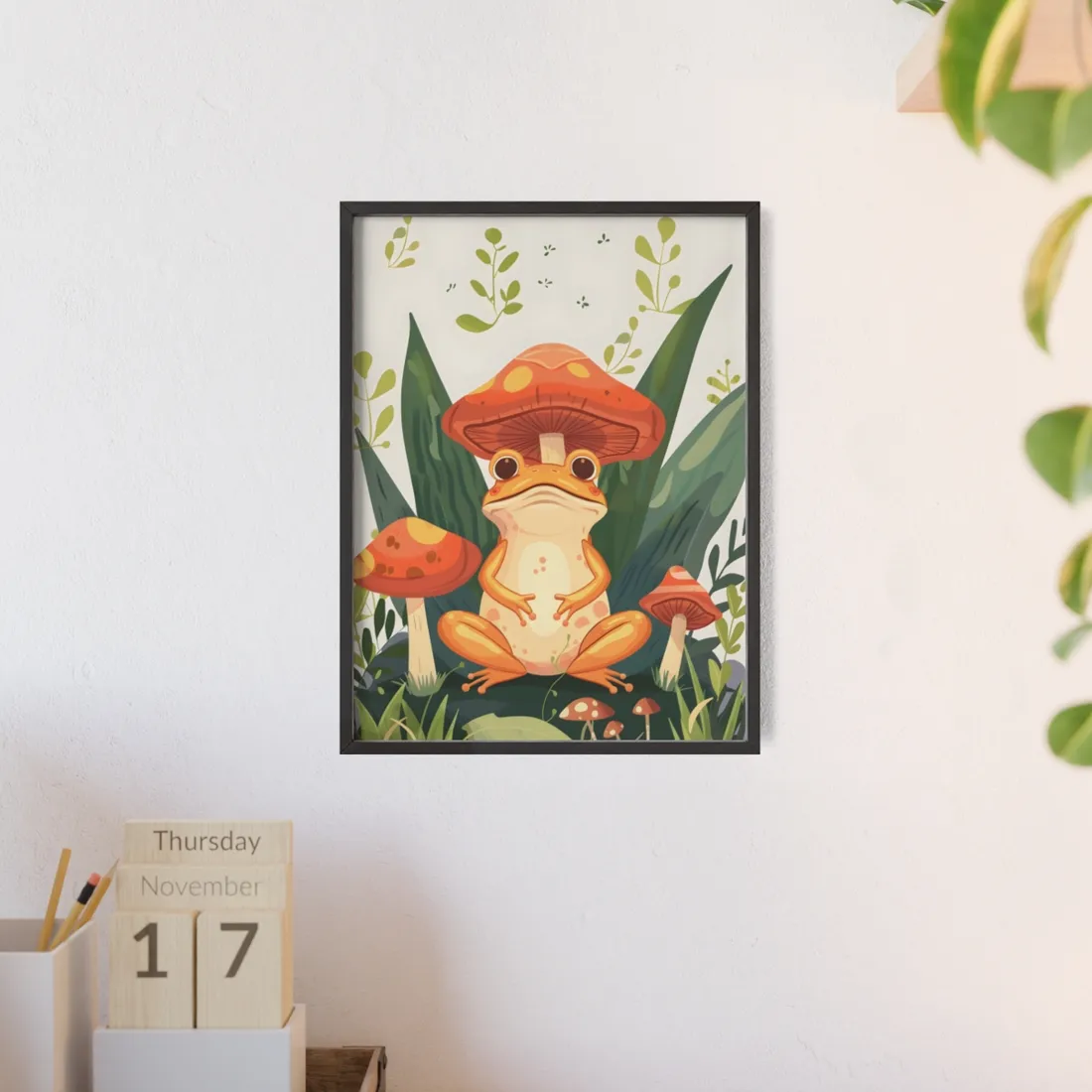 Retro Whimsy: Frog & Mushrooms in Close-Up Charm - Framed Poster