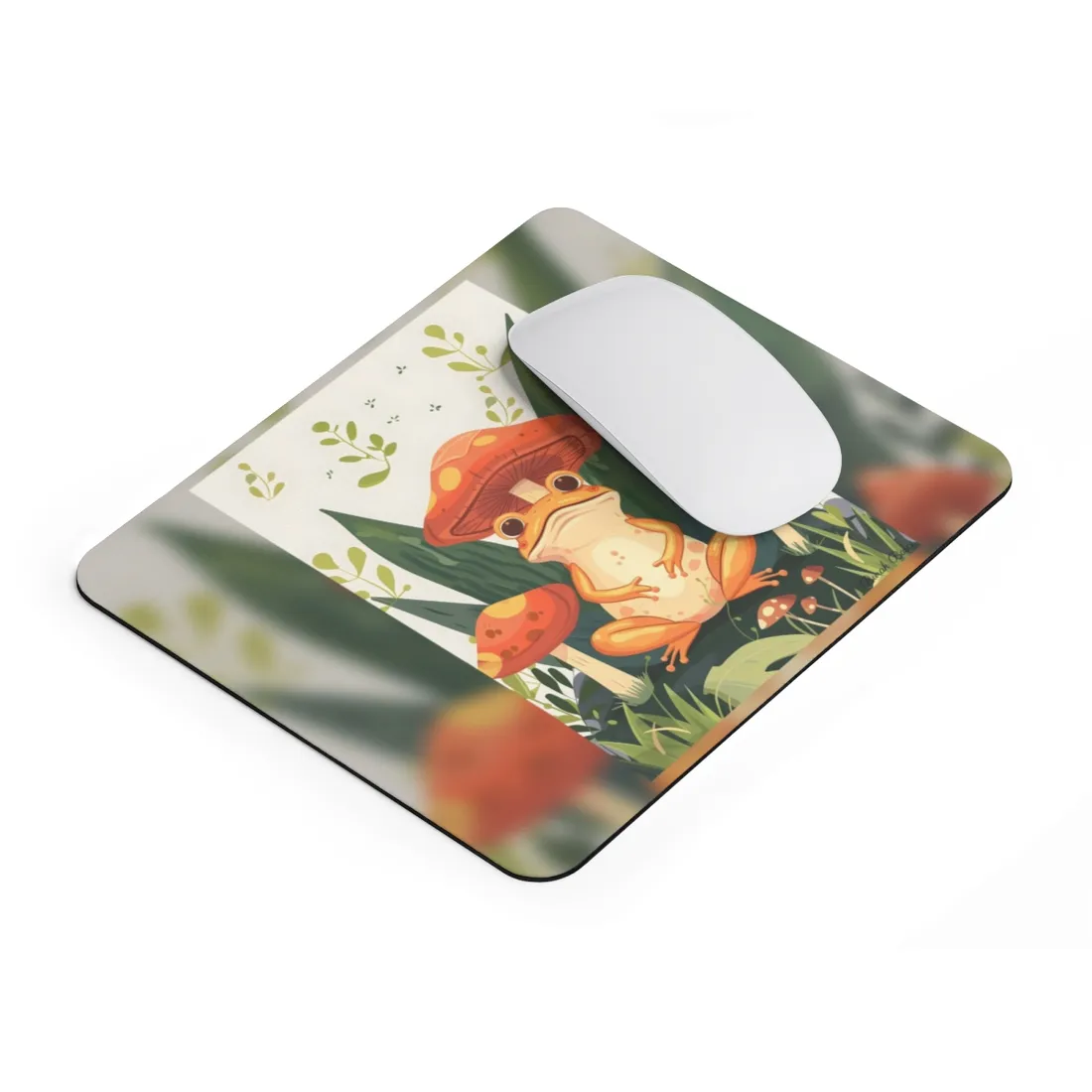 Retro Whimsy: Frog & Mushrooms in Close-Up Charm - Mouse Pad