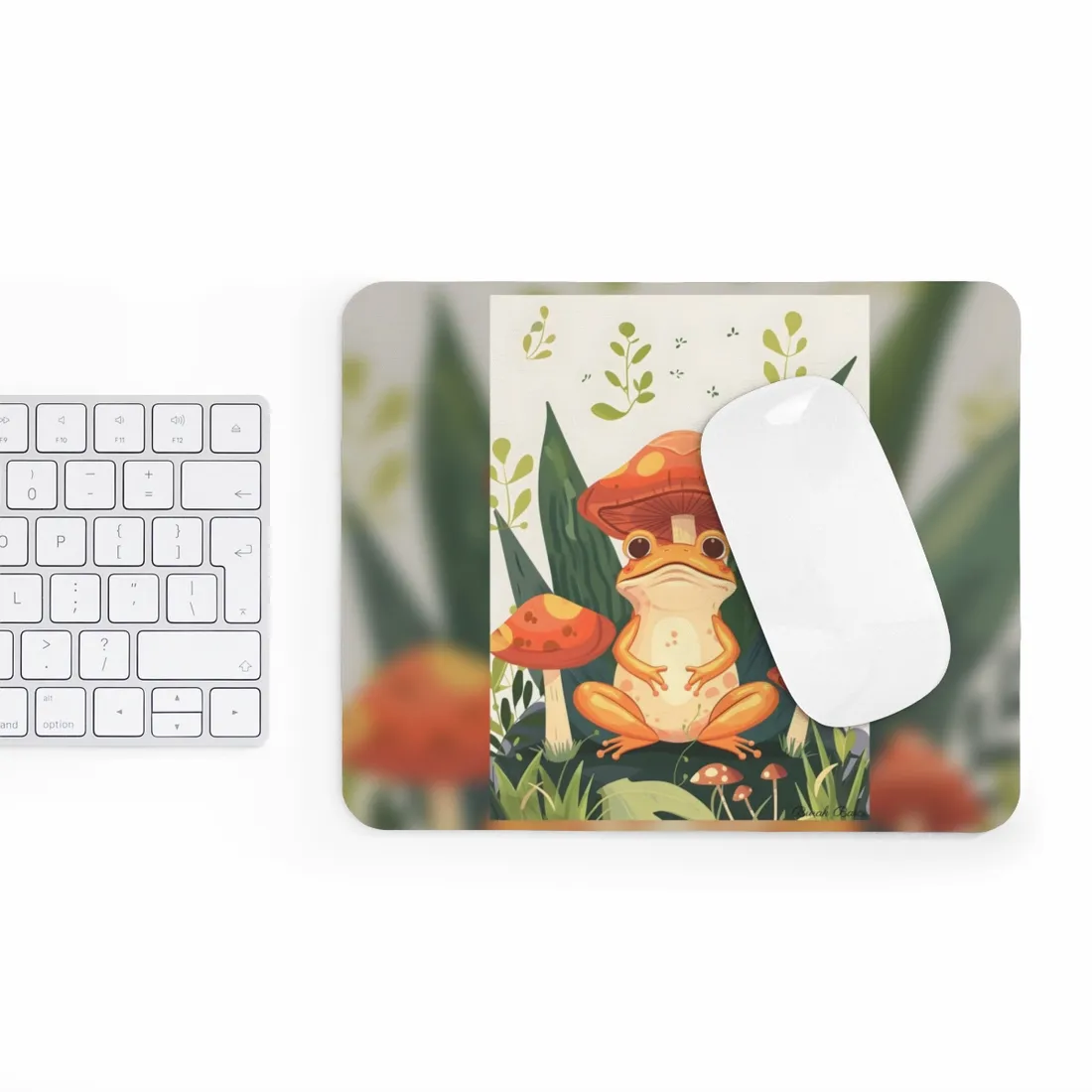 Retro Whimsy: Frog & Mushrooms in Close-Up Charm - Mouse Pad