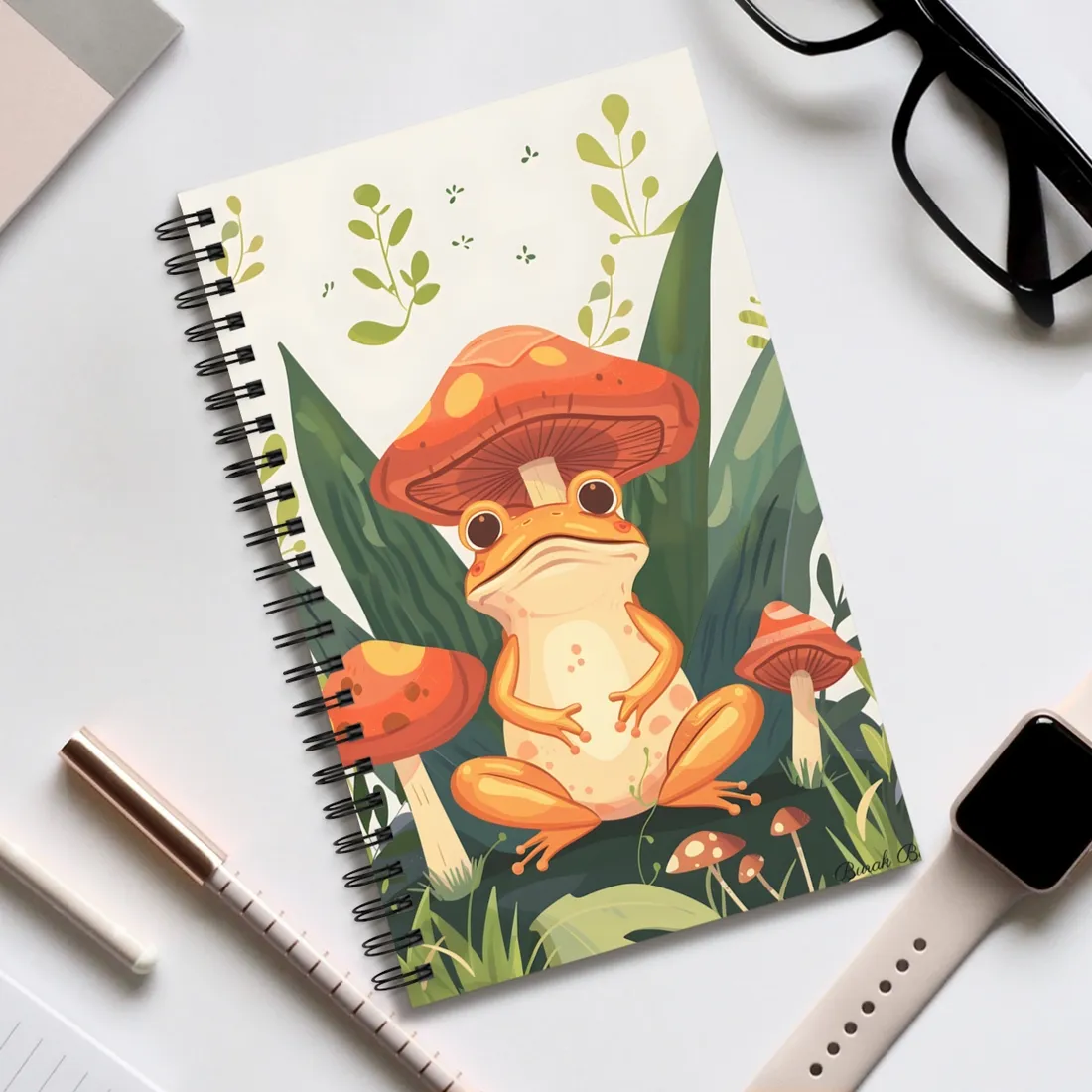 Retro Whimsy: Frog & Mushrooms in Close-Up Charm - Spiral Notebook