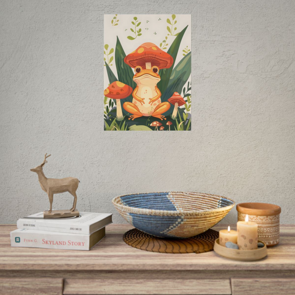 Retro Whimsy: Frog & Mushrooms in Close-Up Charm - Poster
