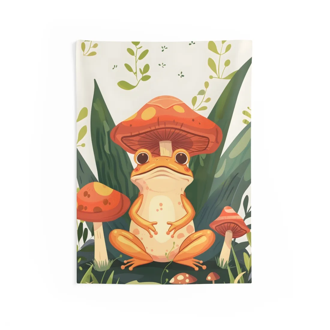 Retro Whimsy: Frog & Mushrooms in Close-Up Charm - Wall Tapestry