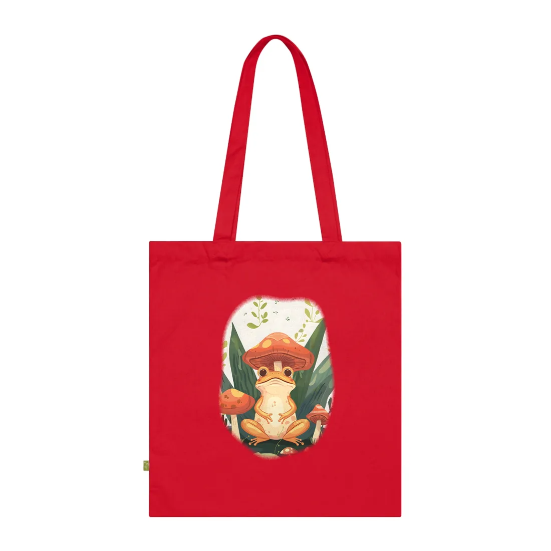 Retro Whimsy: Frog & Mushrooms in Close-Up Charm - Tote Bag (Classic Red)