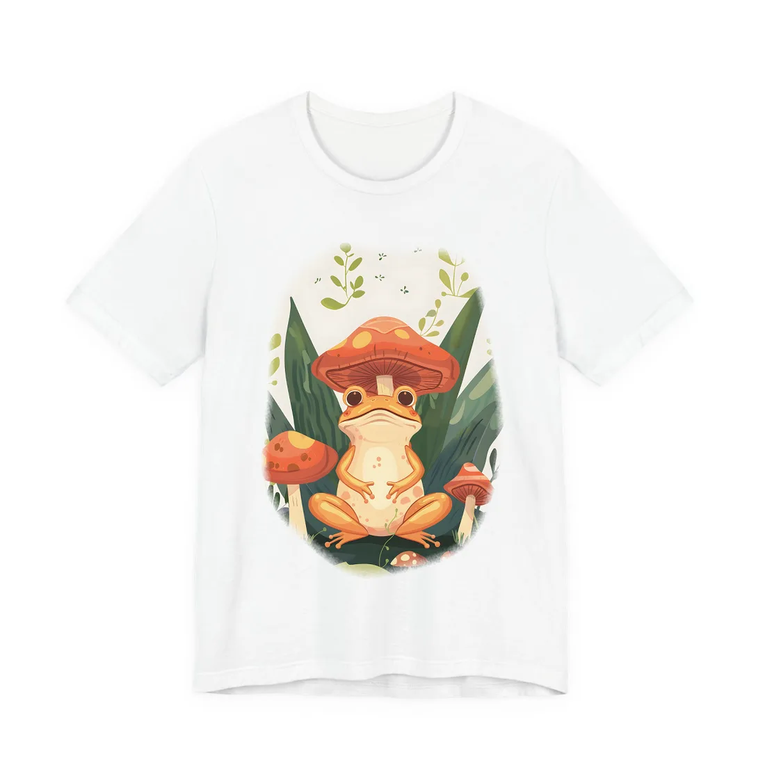 Retro Whimsy: Frog & Mushrooms in Close-Up Charm - T-Shirt (White)