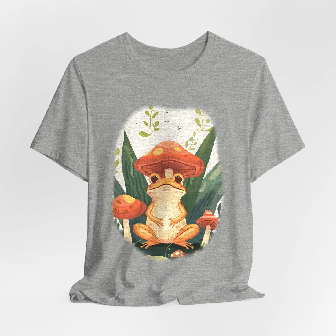 Retro Whimsy: Frog & Mushrooms in Close-Up Charm - T-Shirt (Athletic Heather)