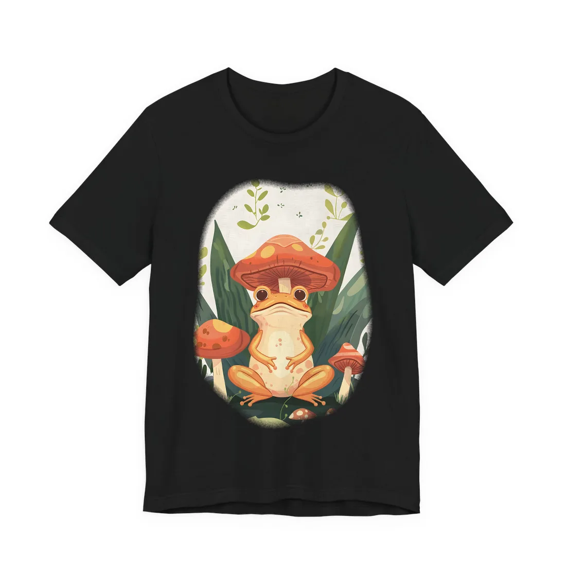 Retro Whimsy: Frog & Mushrooms in Close-Up Charm - T-Shirt (Black)