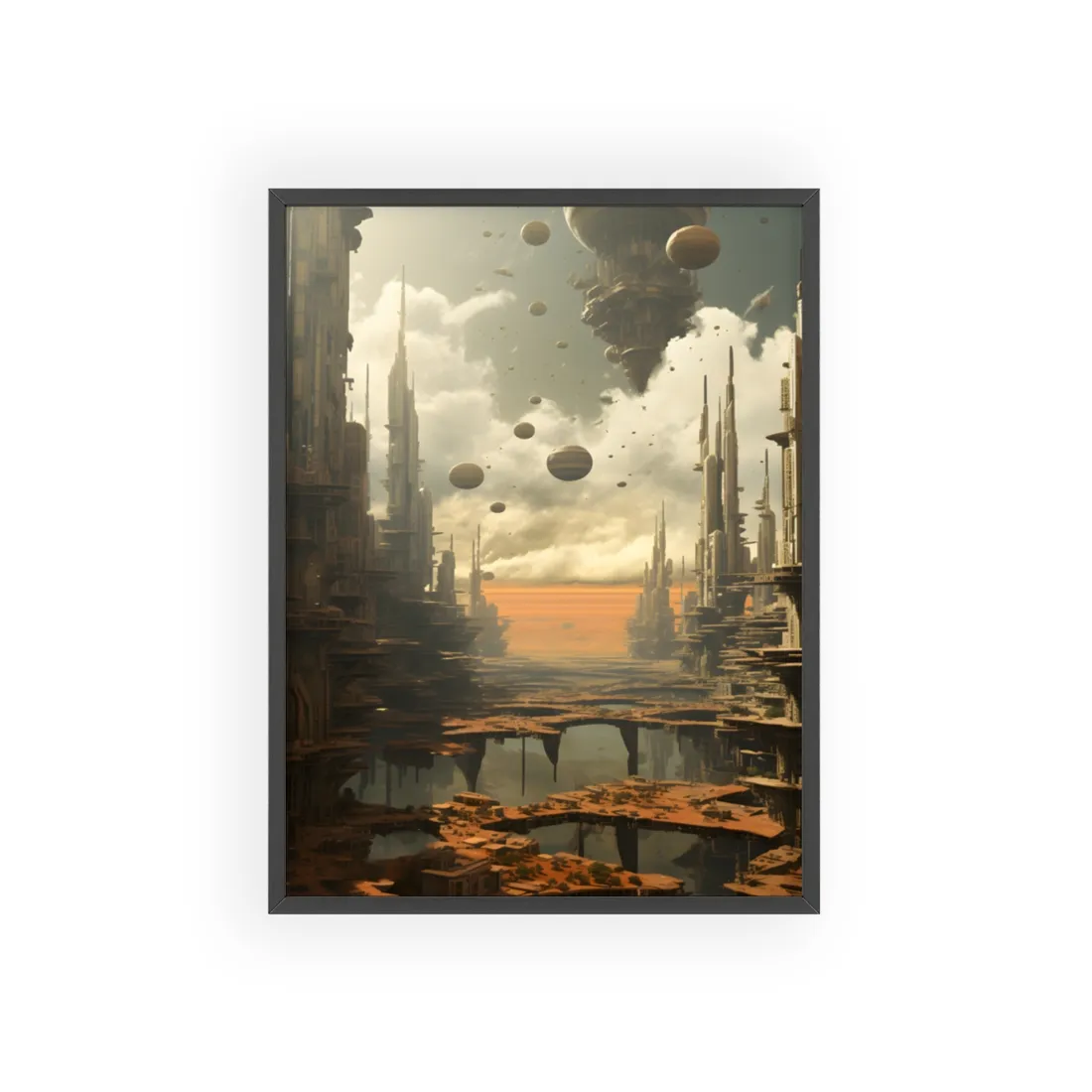 Rising Utopia: A Dystopian Cityscape Thrives in Perfect Harmony - Framed Poster