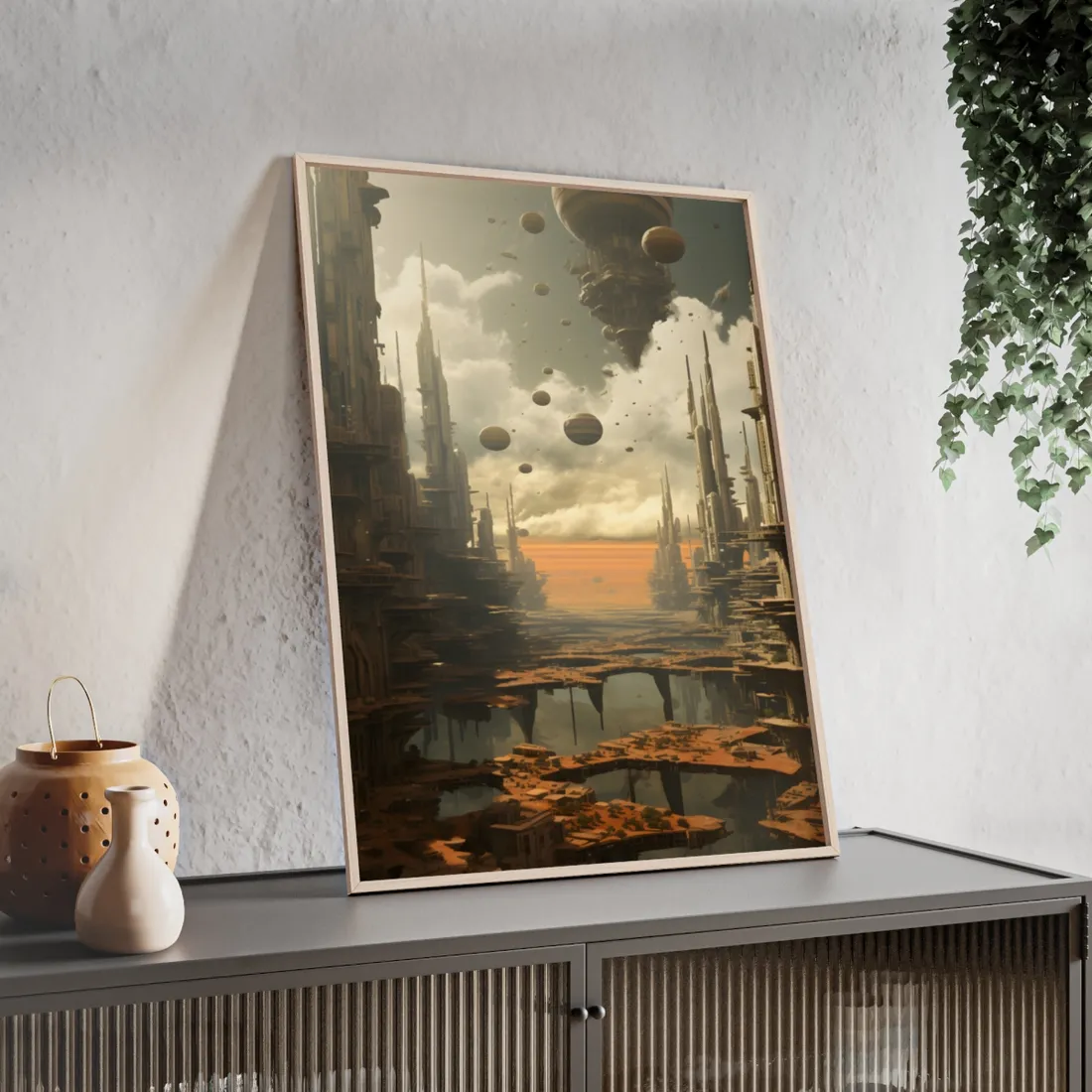 Rising Utopia: A Dystopian Cityscape Thrives in Perfect Harmony - Framed Poster