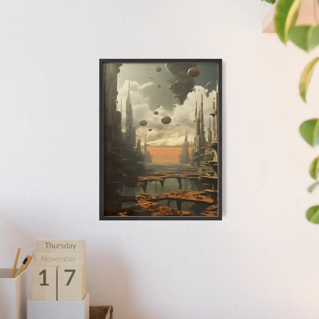 Rising Utopia: A Dystopian Cityscape Thrives in Perfect Harmony - Framed Poster