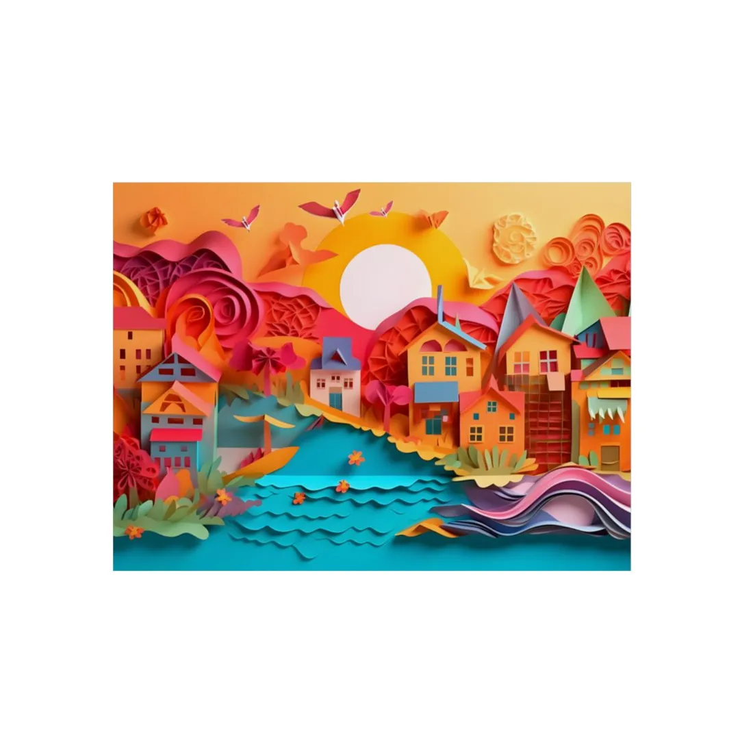 Riverside Village Landscape: Paper Quilling Art - Metal Poster