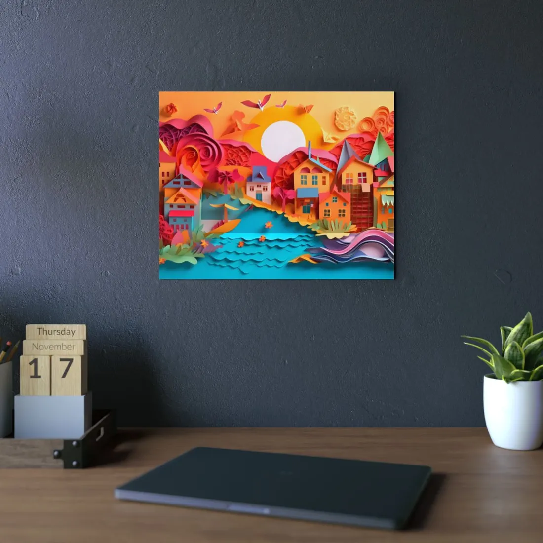Riverside Village Landscape: Paper Quilling Art - Metal Poster