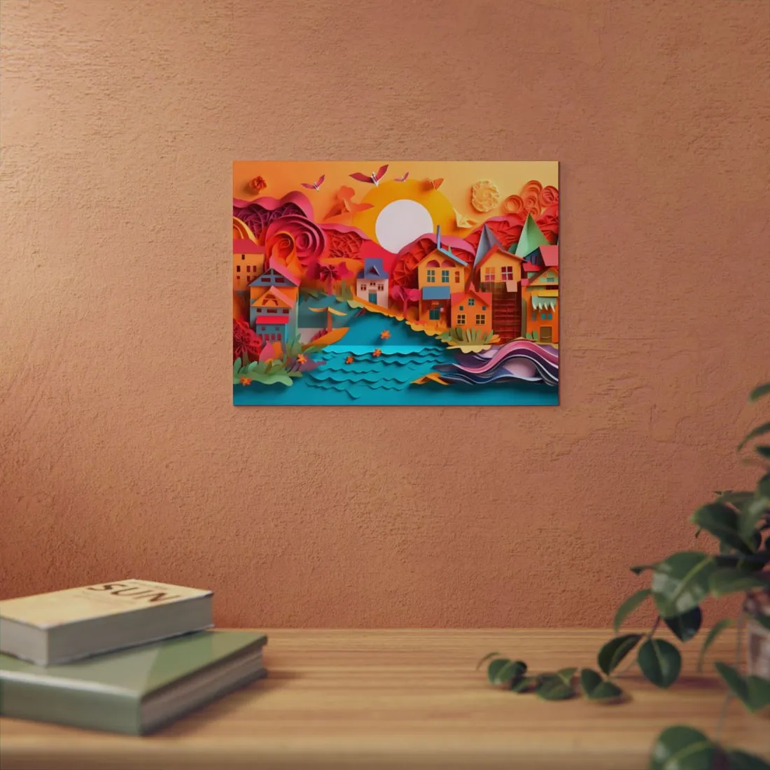 Riverside Village Landscape: Paper Quilling Art - Metal Poster