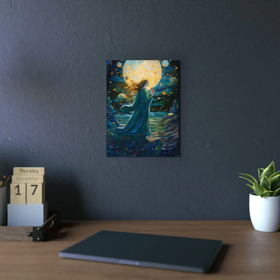 Robed Figure Reaching for the Golden Moon: Fantasy - Metal Poster