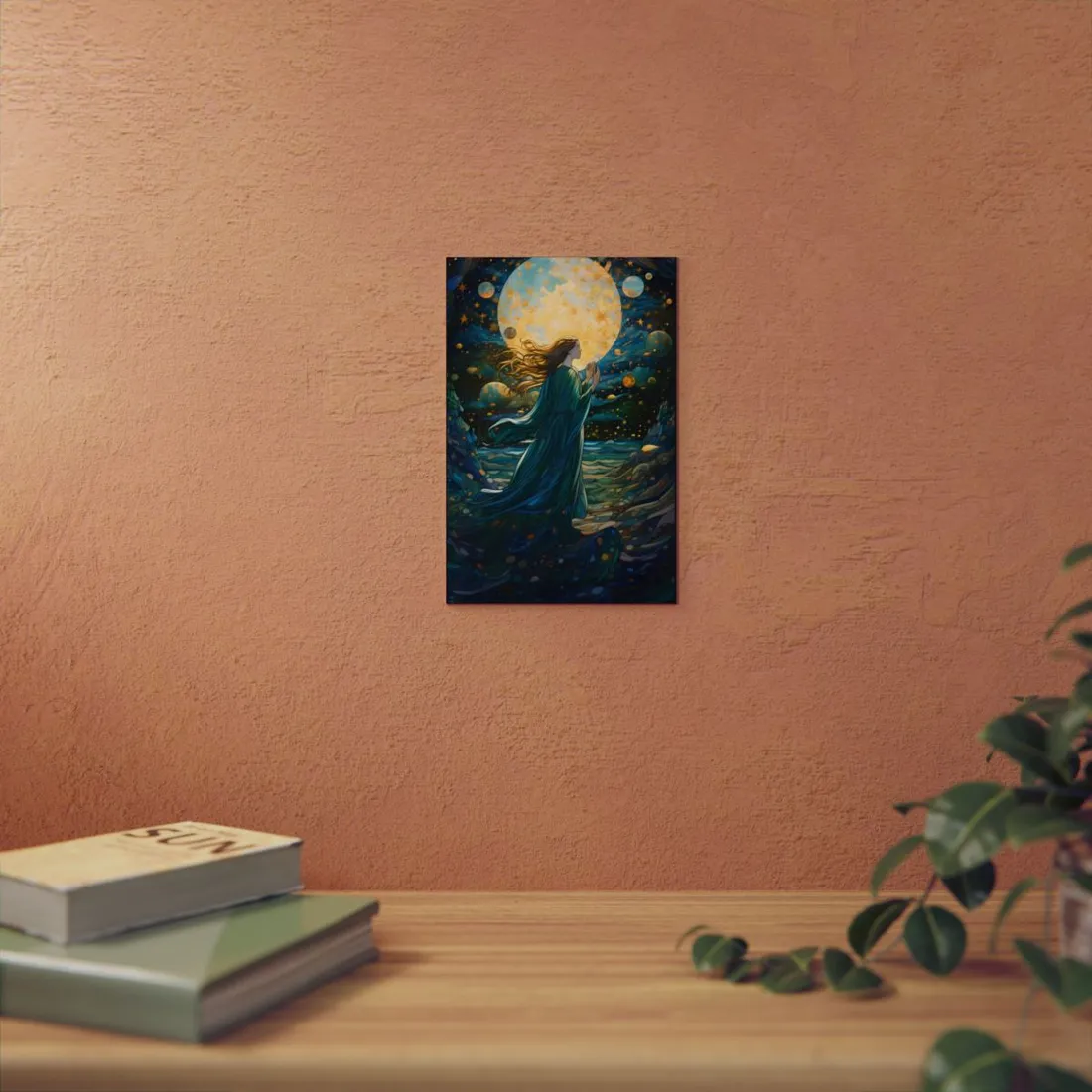 Robed Figure Reaching for the Golden Moon: Fantasy - Metal Poster