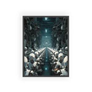 White Robots in Factory Corridor Framed Poster
