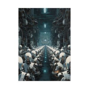White Robots in Factory Corridor Poster