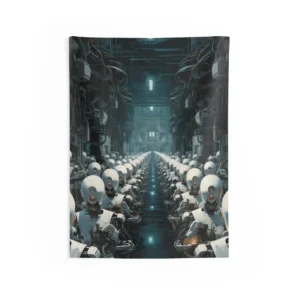 White Robots in Factory Corridor Wall Tapestry