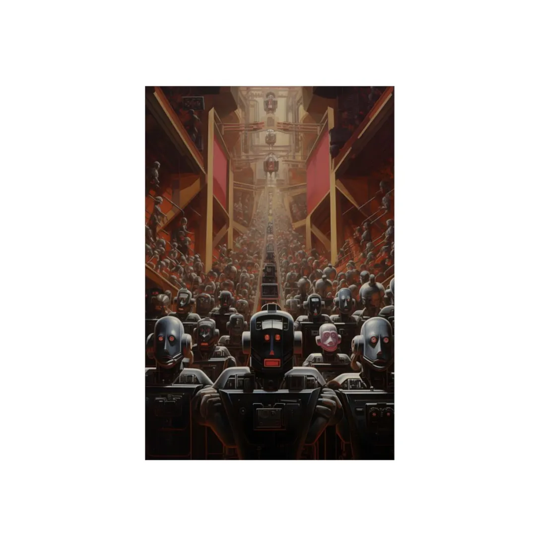 Robot Congregation: Rows of Robots in a Grand Hall - Metal Poster