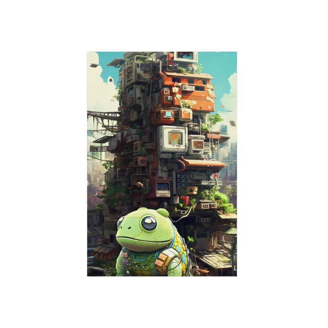 Robot Frog Before Stacked Tech Tower: Fantastical Sci-Fi - Metal Poster