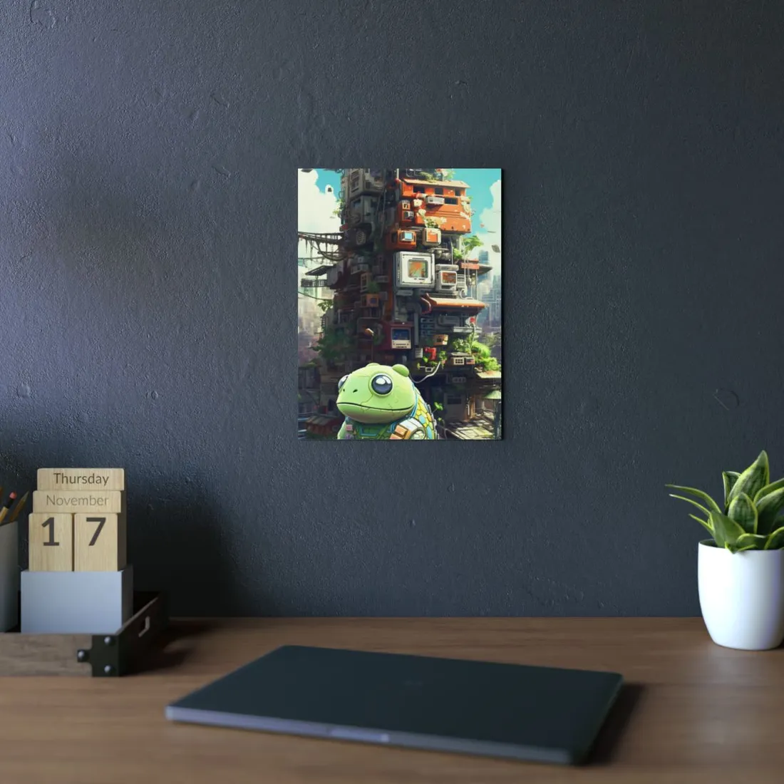 Robot Frog Before Stacked Tech Tower: Fantastical Sci-Fi - Metal Poster