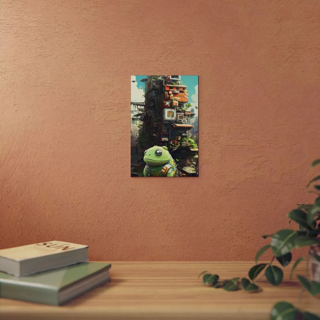 Robot Frog Before Stacked Tech Tower: Fantastical Sci-Fi - Metal Poster