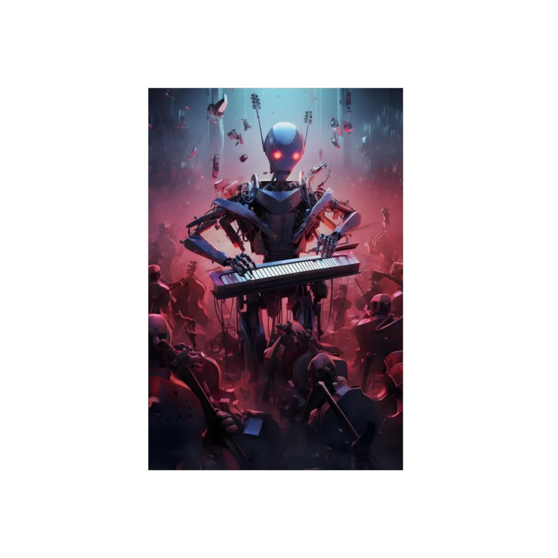 Robot Keyboardist: Solo Musical Performance on a Red Stage - Metal Poster