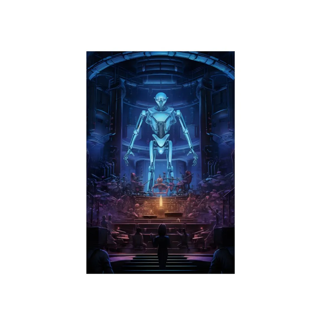 Robot on Stage: Glowing Blue Android Above an Orchestra - Metal Poster