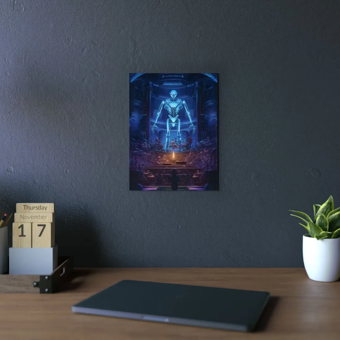 Robot on Stage: Glowing Blue Android Above an Orchestra - Metal Poster