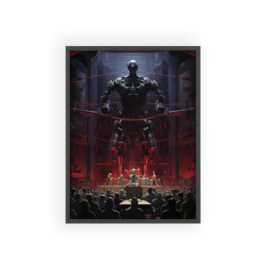 Robot Orchestra: Modern Concert Hall Scene Art - Framed Poster