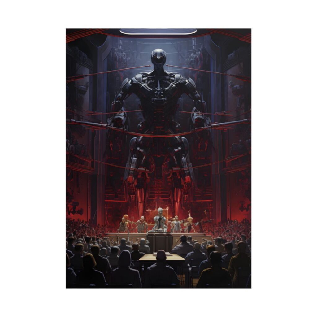 Robot Orchestra: Modern Concert Hall Scene Art - Poster
