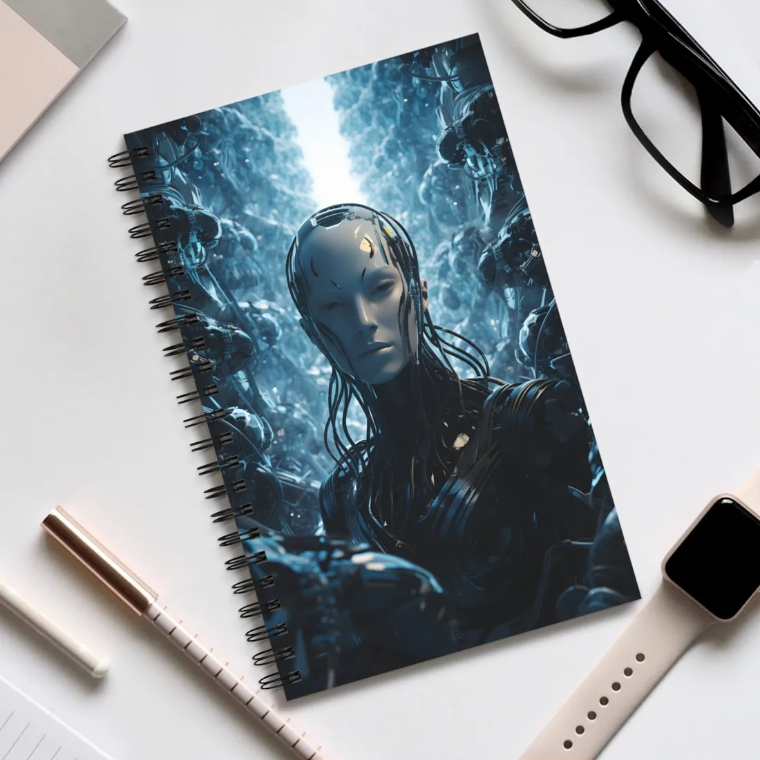 Robot Orchestra Symphony: Futuristic City Digital Art - Spiral Notebook