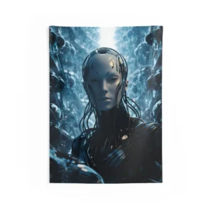 Cyborg Face Among Machines Wall Tapestry