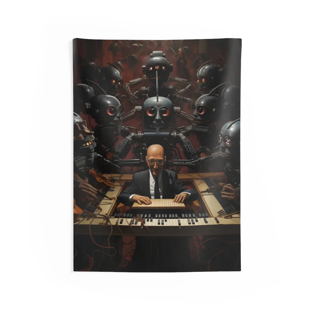 Robot Symphony: 6 Sentient Robots in Harmony - Wall Tapestry